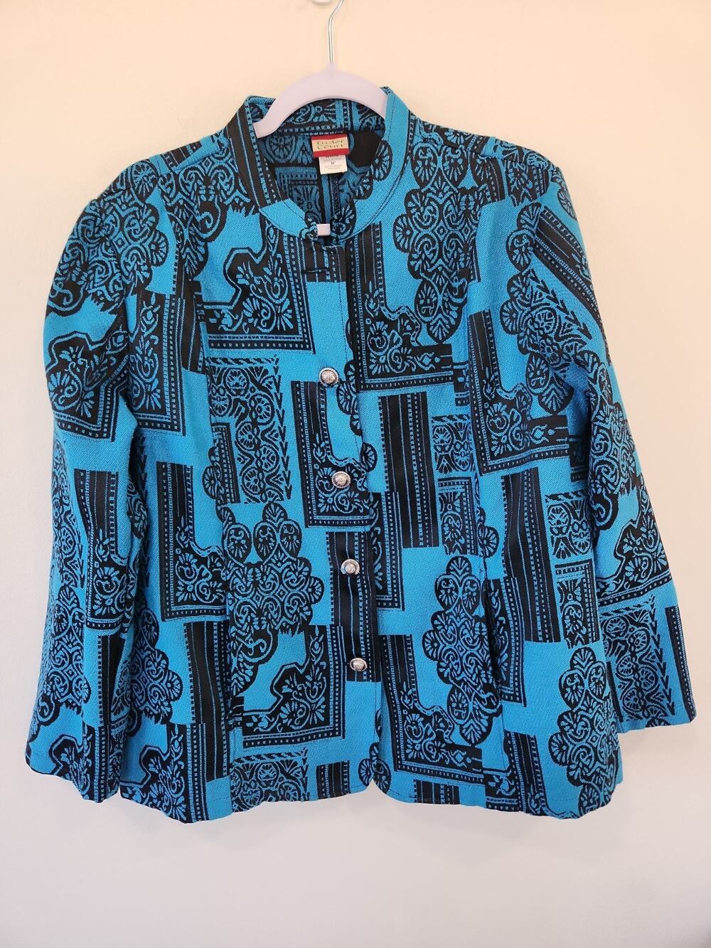 Vintage Tudor Court Blue And Black Tapestry Jacket Silver Buttons M Excellent